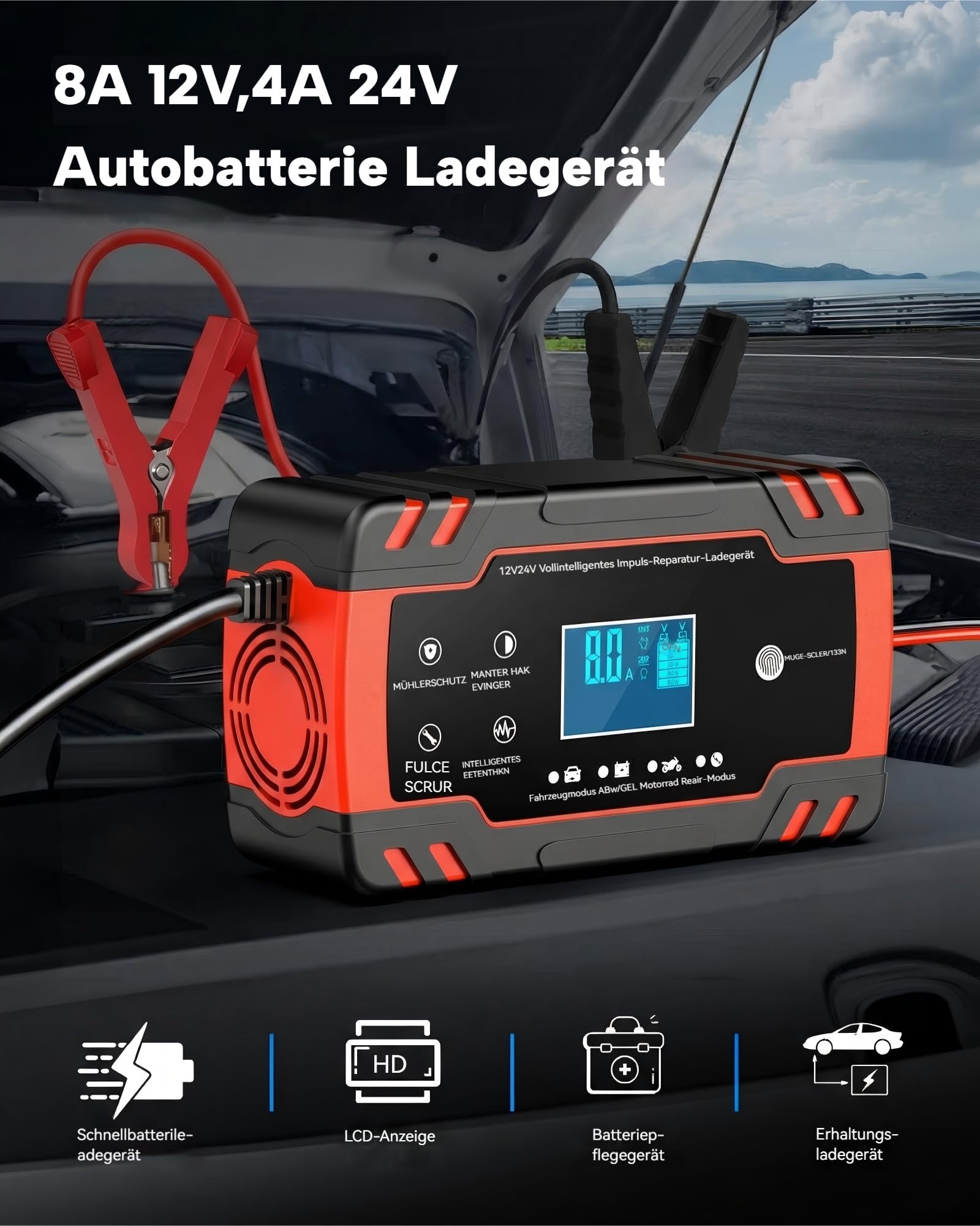 8A 12V/24V Autobatterie Ladegerät, intelligentes Erhaltungsladegerät mit automatischer Abschaltung & Temperaturkompensation, für Auto/Motorrad/LKW/Boot (AGM/EFB/Gel/Säure)