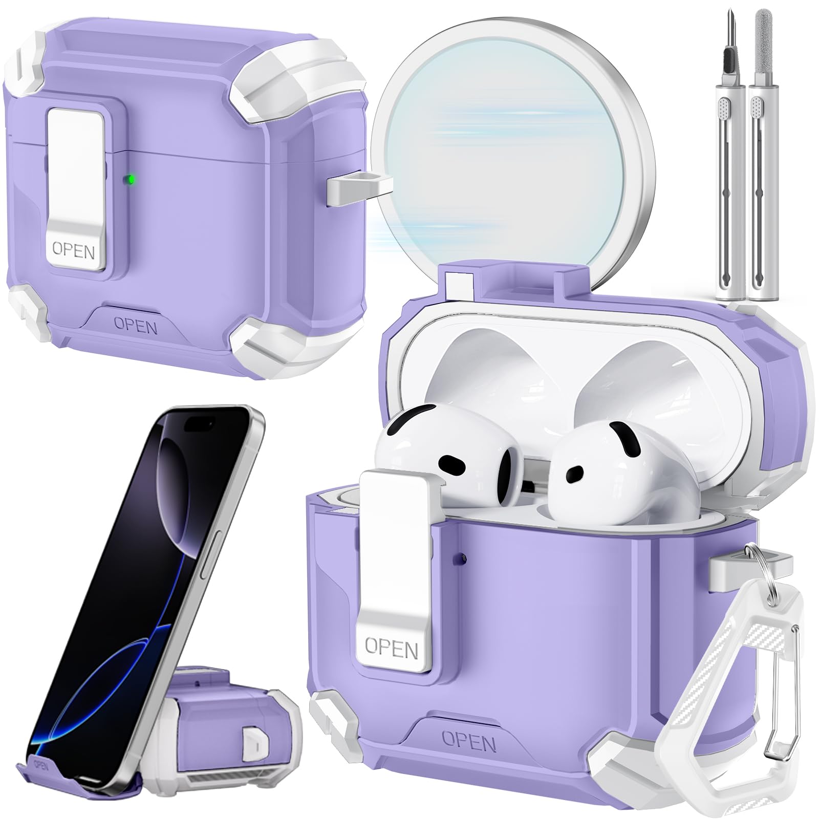 Inesore Compatible with AirPods 4th Case with Phone Stand & Cleaning Kit,Compatible with Magsafe,Magnetic Automatic Lock for Airpods 4 with Active