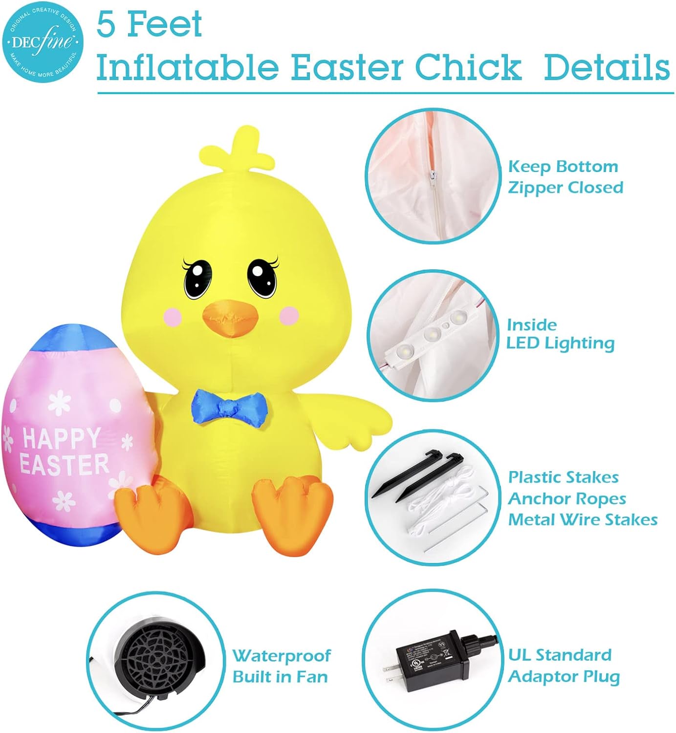 5 Feet Easter Inflatable Chick with Egg Lighted Blow Up Yard Decoration with Built in Blower Fan and Anchor Ropes (03-Easter Chick)