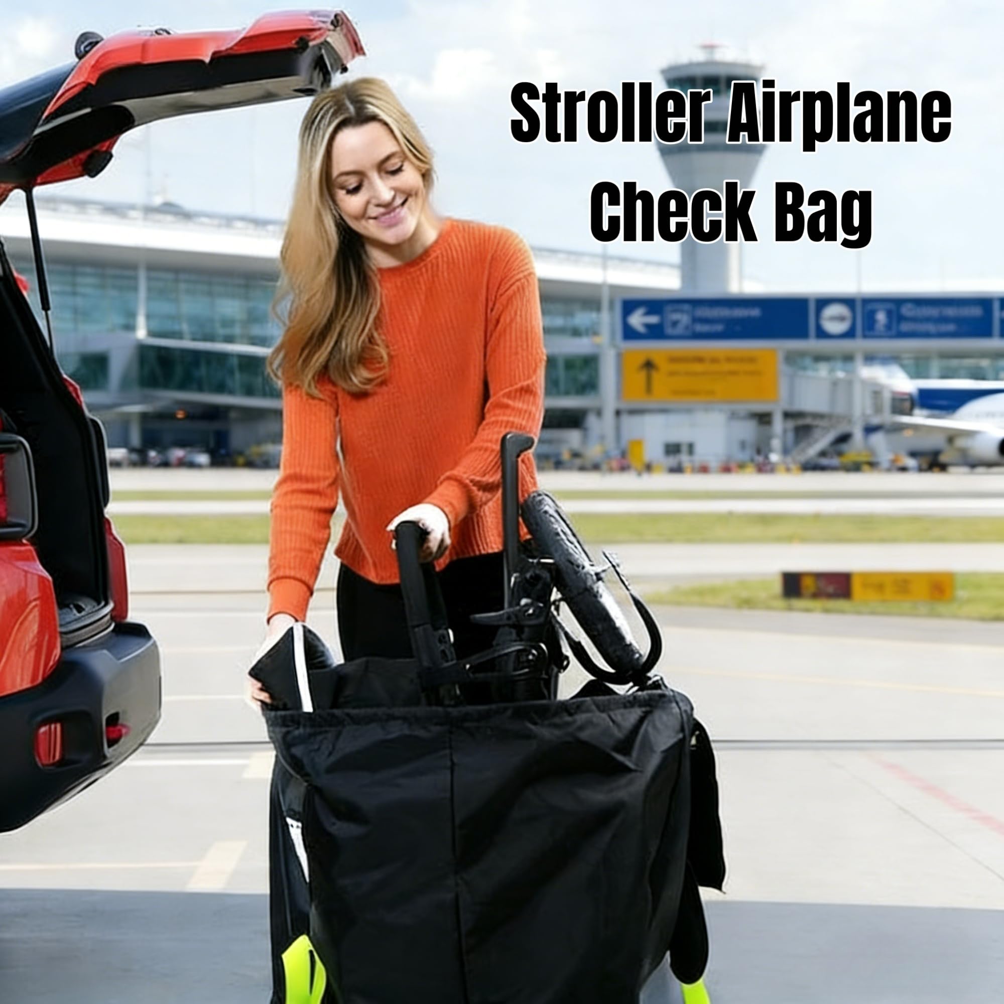 Borsa per il trasporto passeggino, aereo, 120 x 63 x 43 cm, impermeabile Oxford, multifunzionale, per viaggi in aereo e tutti i giorni, con cinghie imbottite (nero)