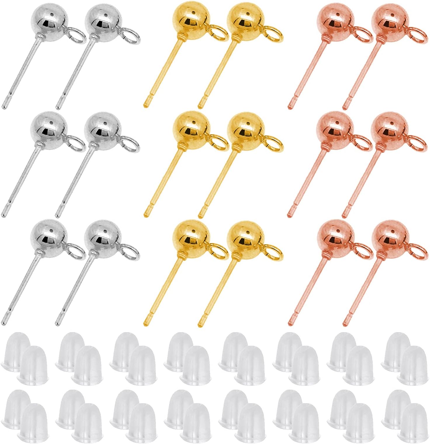 Oubaka 600Pcs Ball Post Earring Studs Set for Jewelry Making,300Pcs Earring Studs Ball Ear Pin Ball Post Earrings with Loop with 300Pcs Rubber Earring Back Replacements for DIY Jewelry Making Findings