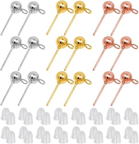 Miniatura 8 de Juego de 700 aretes de bola para hacer joyas, 300 aretes de bola, aretes de bola con lazo con 400 aretes de mariposa de repuesto para hacer joyas de