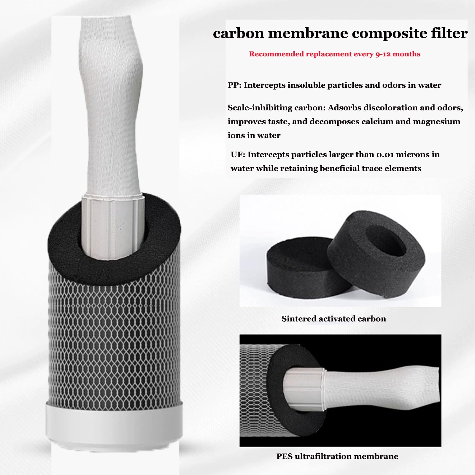 10-Zoll-Ultrafiltrationsmembran aus gesinterter Kokosnussschale, Verbundfilterelement, 0,01 Mikron Ultrafiltrationswasserfilter, Für Hauswasseranlagen (2 Stück)