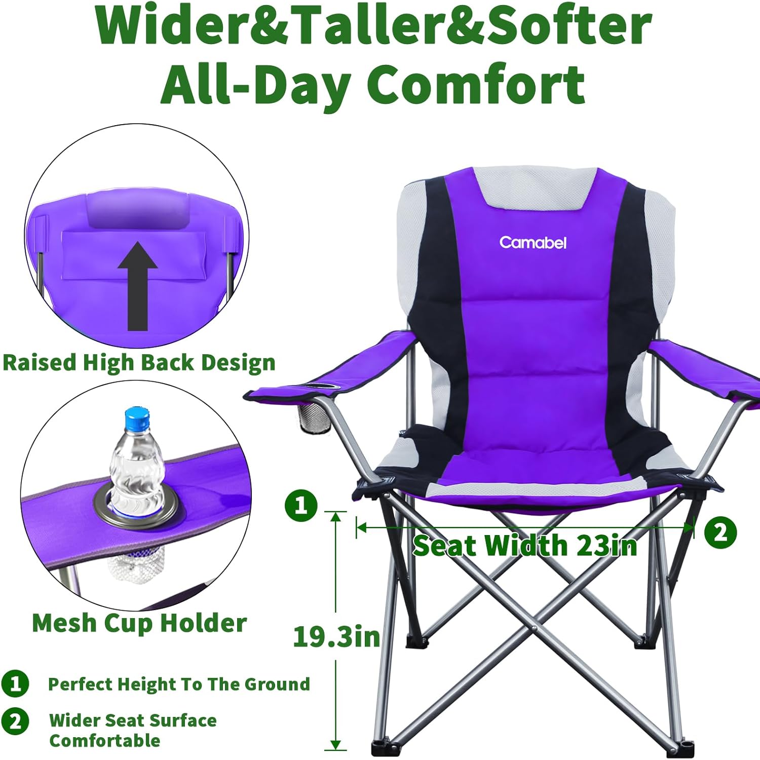Camabel Folding Camping Chairs 400lbs Extra Large Outdoor Lawn Chair Padded Sports Lightweight Portable Chairs for Beach Hiking Fishing Picnic BBQ with Cup Holder and Storage Bag Purple