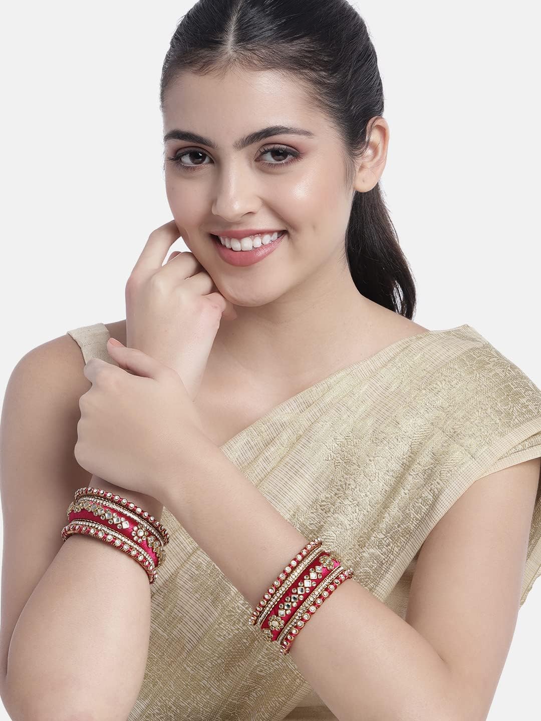 Aheli Ethnic Handmade Silk Thread Faux Stone Studded Bangle Set Chuda Indian Wedding Wear Jewelry Gift for Women (Size 2.8)