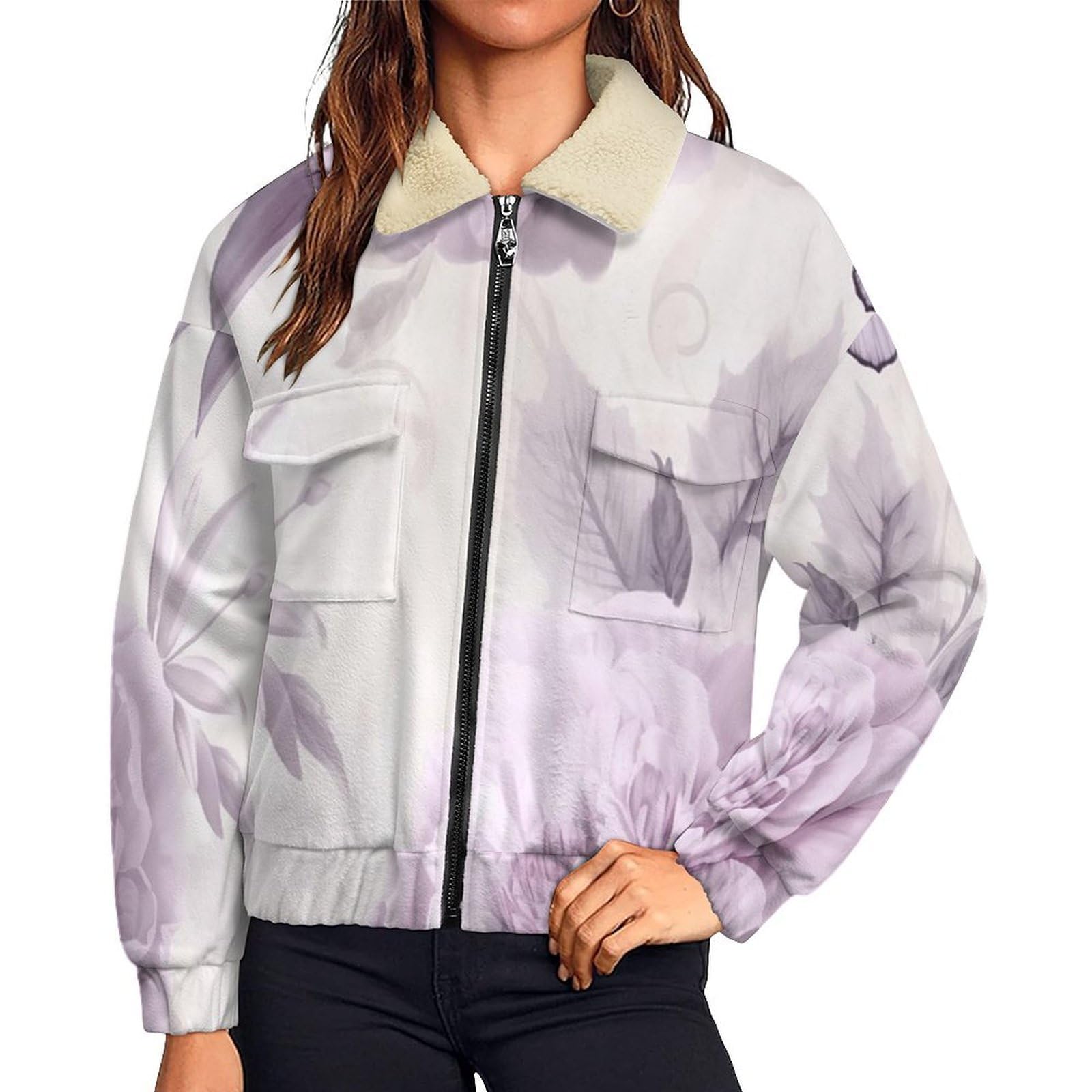 Giacca in Pile da Donna Teddy Fodera Peluche Sherpa con Cerniera, Stampa Rose Peonie, Giacca Elegante floreale Caldo Fleece Maniche Lunghe, Giacche Inverno con Tascabile