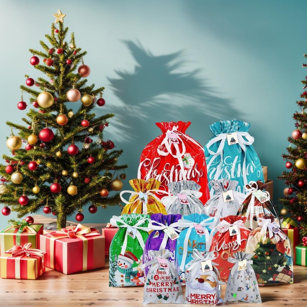RLLJS 30Pcs Merry Christmas Drawstring Gift Bag New Year Candy Cookie Packaging Bag Christmas Home Decoration with Tags