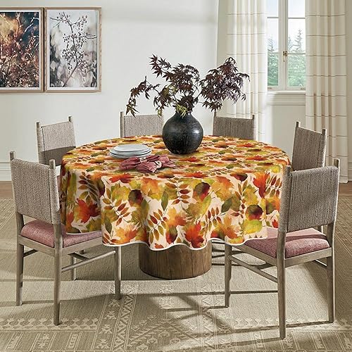 Miniatura 3 de Horaldaily Mantel redondo de otoño de 70 x 70 pulgadas, diseño de hojas de acuarela de cosecha de otoño de Acción de Gracias, para decoración de