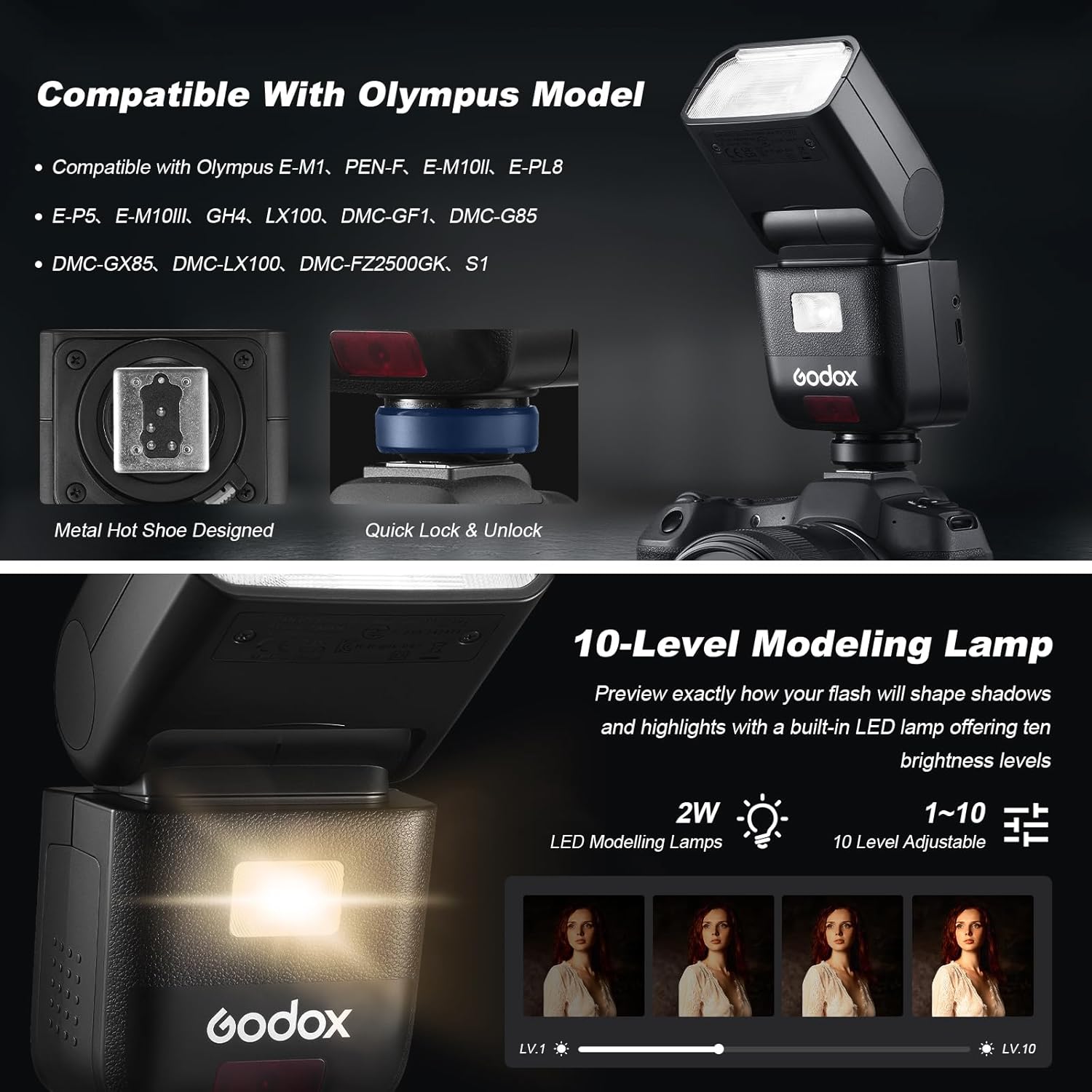 godox V480 O TTL Flash for Olympus Panasonic Camera with Diffuser Touchscreen High-Speed Sync on Camera Flash 7.2 V/2200 mAh Battery GN50 1/8000s 650 Full-Power Flashes 10-Level Modeling Lamp