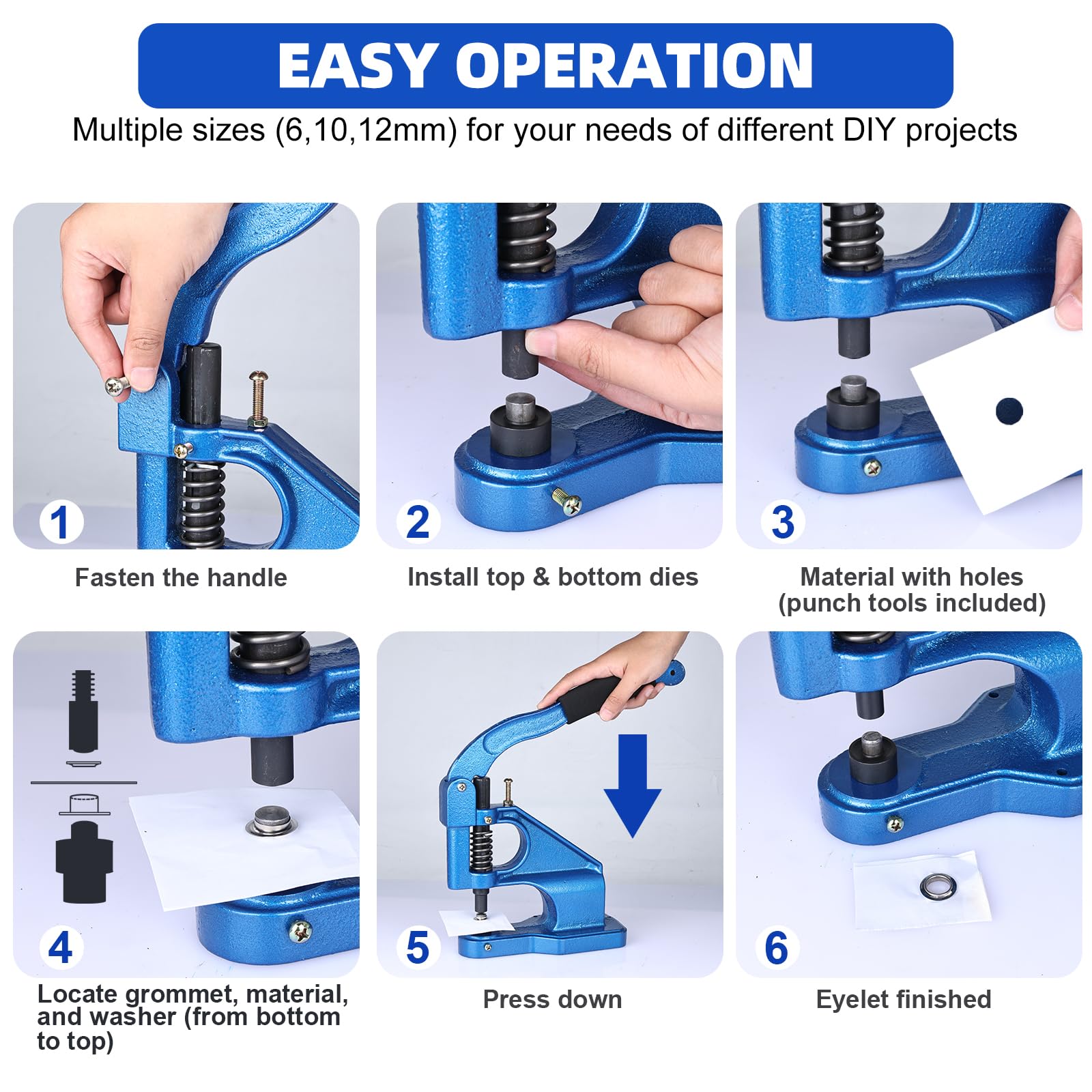 FreeTec Prensa manual con ojales, 6/10/12 mm, juego de prensador de ojales con 3 matrices, 1500 ojales dorados, juego y martillo para lonas, ropa, cinturón de cuero