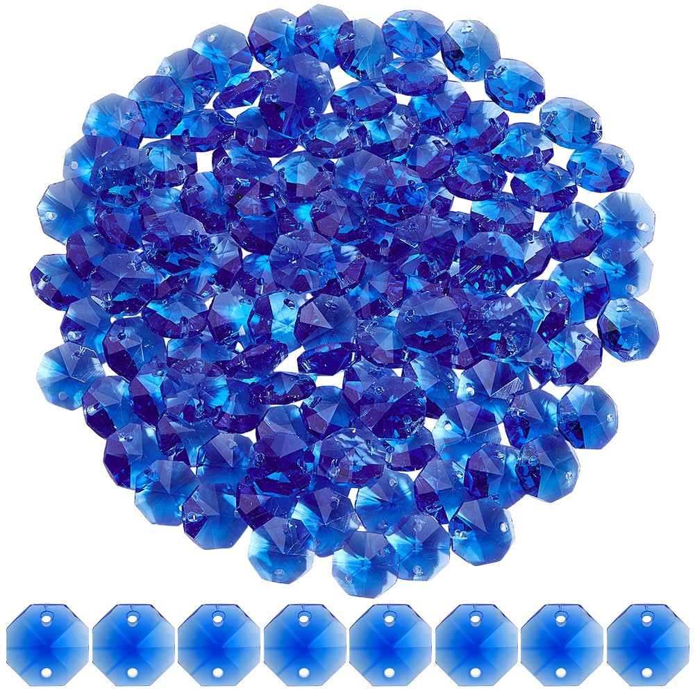 SOFPLATE 120Pcs 14mm Octagonal Crystal Beads Suncatcher Glass Beads with 2 Hole Dodger Blue Chandelier Replacement Connector Faceted Prism Spacers for DIY Lamp Hanging Ornament Pendant Jewellery Decor