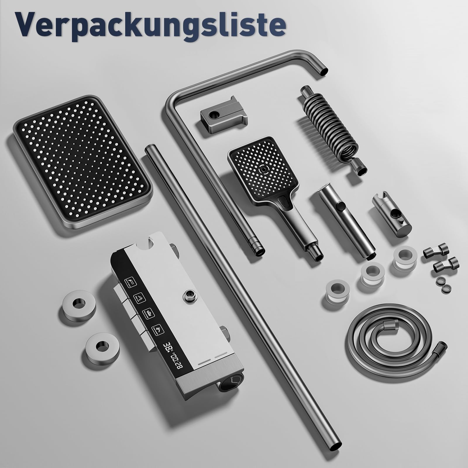 Duschkopf Set, Duschsystem mit LED, Duschbrause Regendusche 27 X 20cm, Duschkopf Handdusche, Zusatzdüse und Armatur, einstellbare Duschsäule mit Stimmungslicht, Höhe verstellbar 69-103cm
