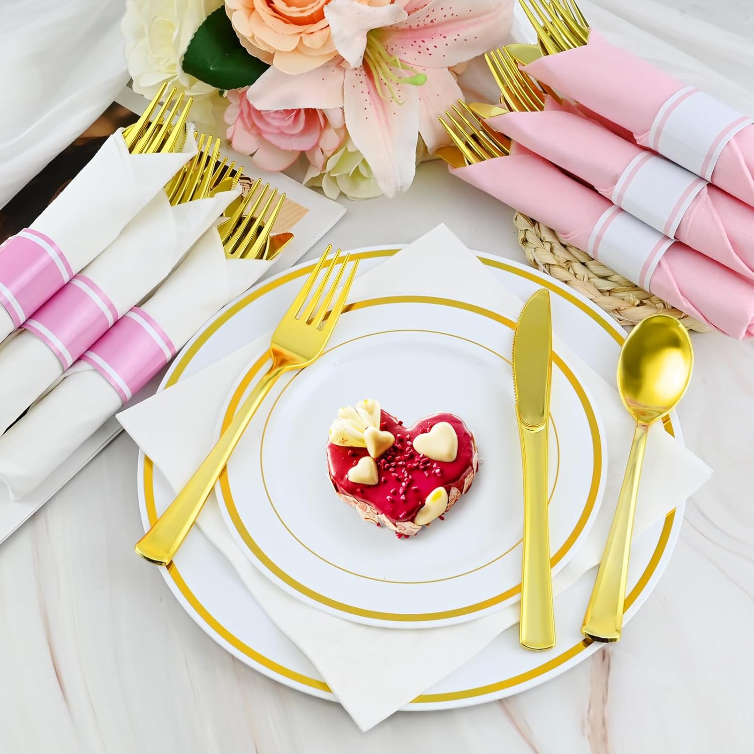 100 Packs Pre-Rolled Pink White Gold Plastic Silverware Sets - Disposable Wrapped Plastic Cutlery Set with 100 Napkins, 100 Knives, 100 Forks and 100 Spoons for Wedding Birthday Party Dinner