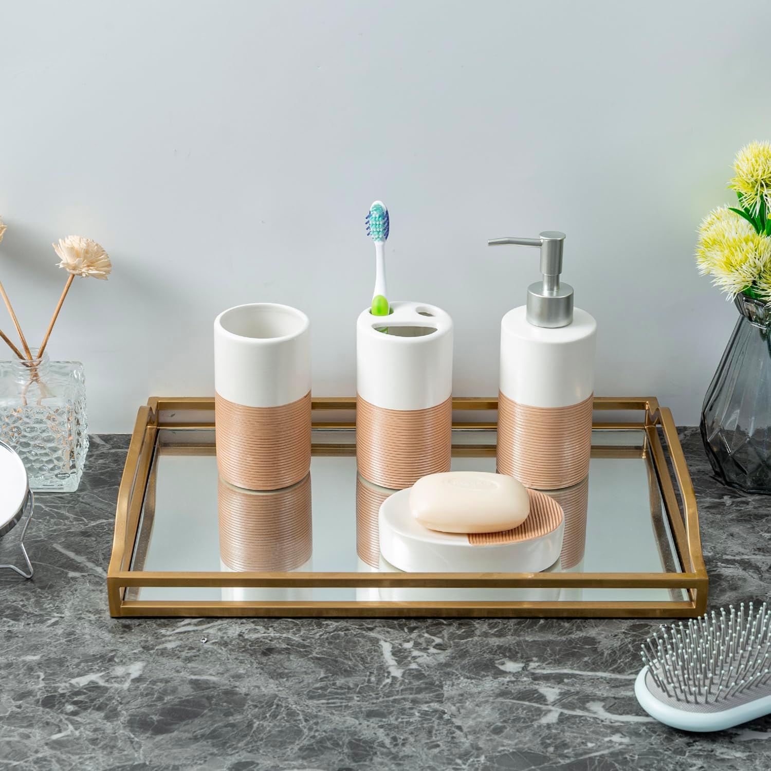 MyGift 4 Pcs Soap Dispenser and Toothbrush Holder Set, Ceramic Bathroom Accessories Set, Soap Dish, Pump Dispenser, Tumbler Cup, Dual Tone White with Clay Stripe