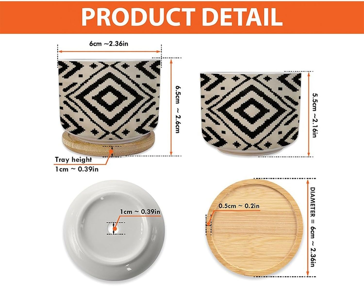 3 Piece Elegant Aztecs Print Ethnic Small Pots for Succulents Oriental Toile Chinoiserie Succulent Pot with Drainage Bamboo Trays American Native Southwestern Ceramics Planters