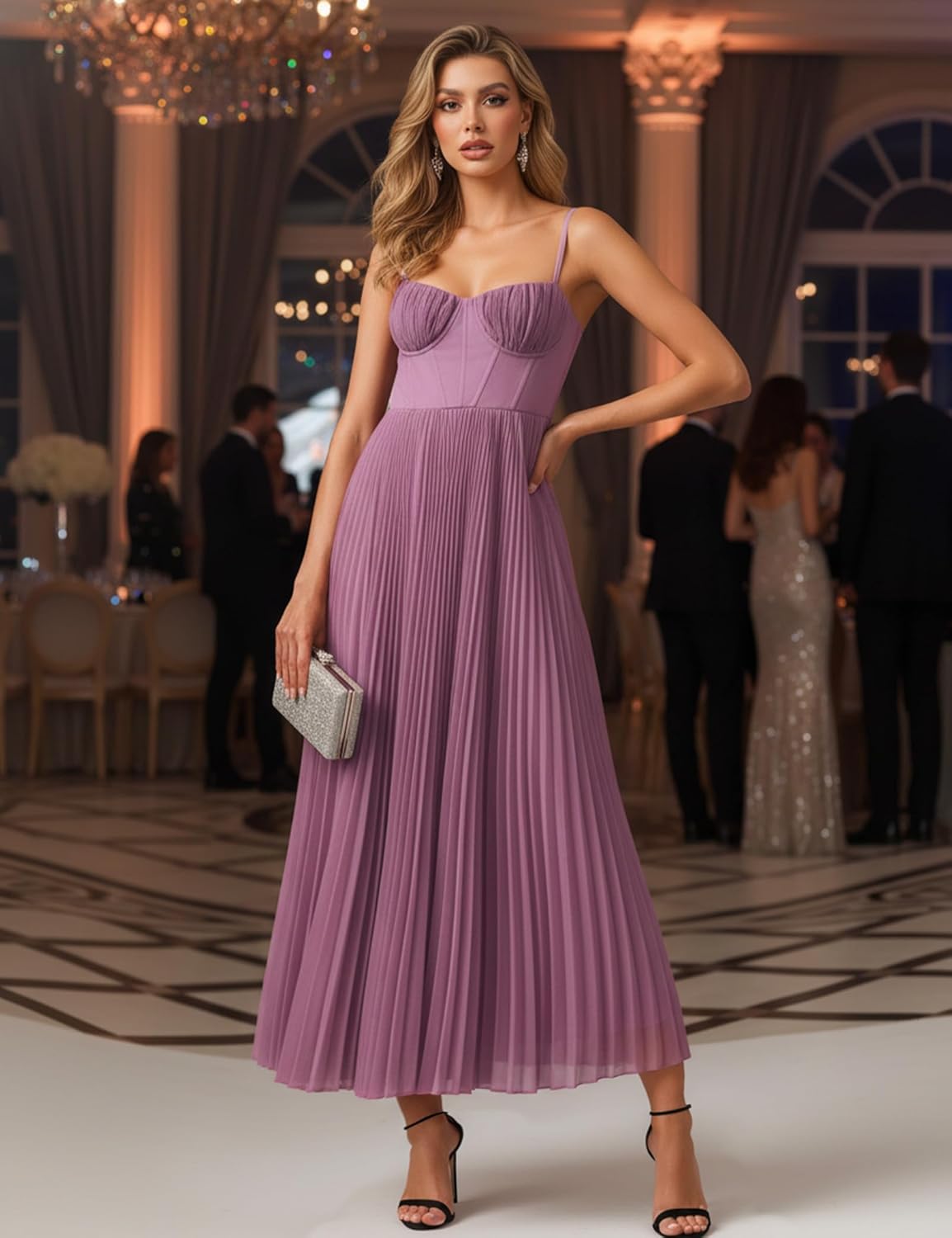 Womens Pleated A-Line Ruched Sleeveless Prom Dress Adjustable Spaghetti Strap Backless Party Gown Dress