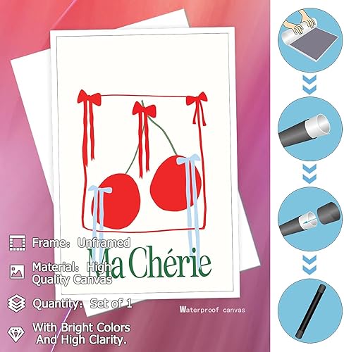 Miniatura 7 de HQPCNGZ Pósteres de moda de Ma Cherie de los años 70, diseño retro de cinta roja, lazos de cereza, arte abstracto minimalista para sala de frutas,