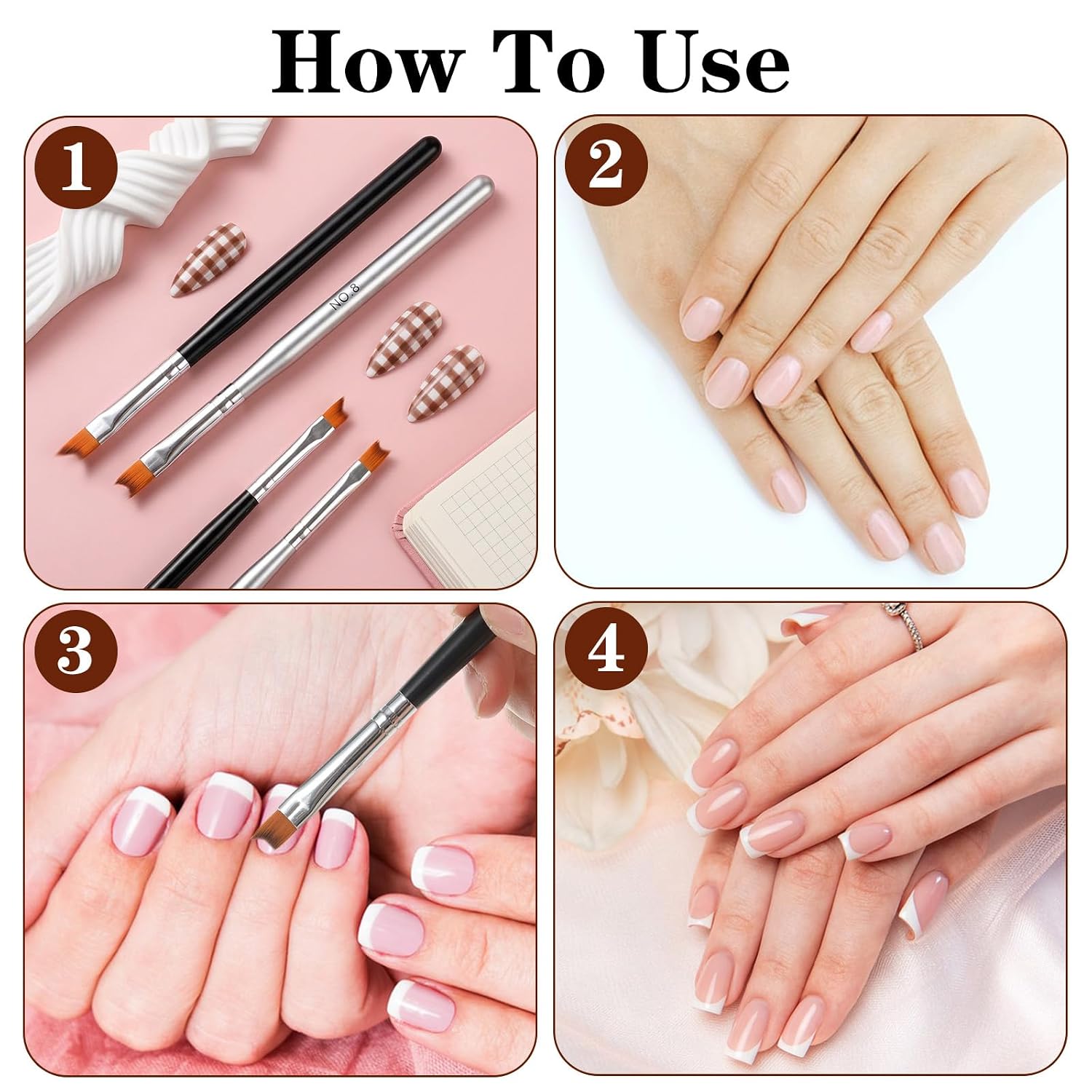 6 Pcs French Tip Brush Oblique Head French Tip Nail Brush, Long Tip Bristle Brushes for Gel & Acrylic Wooden Handle, Fine Liner Painting Pen for Nail Art 2 Styles Manicure Brushes