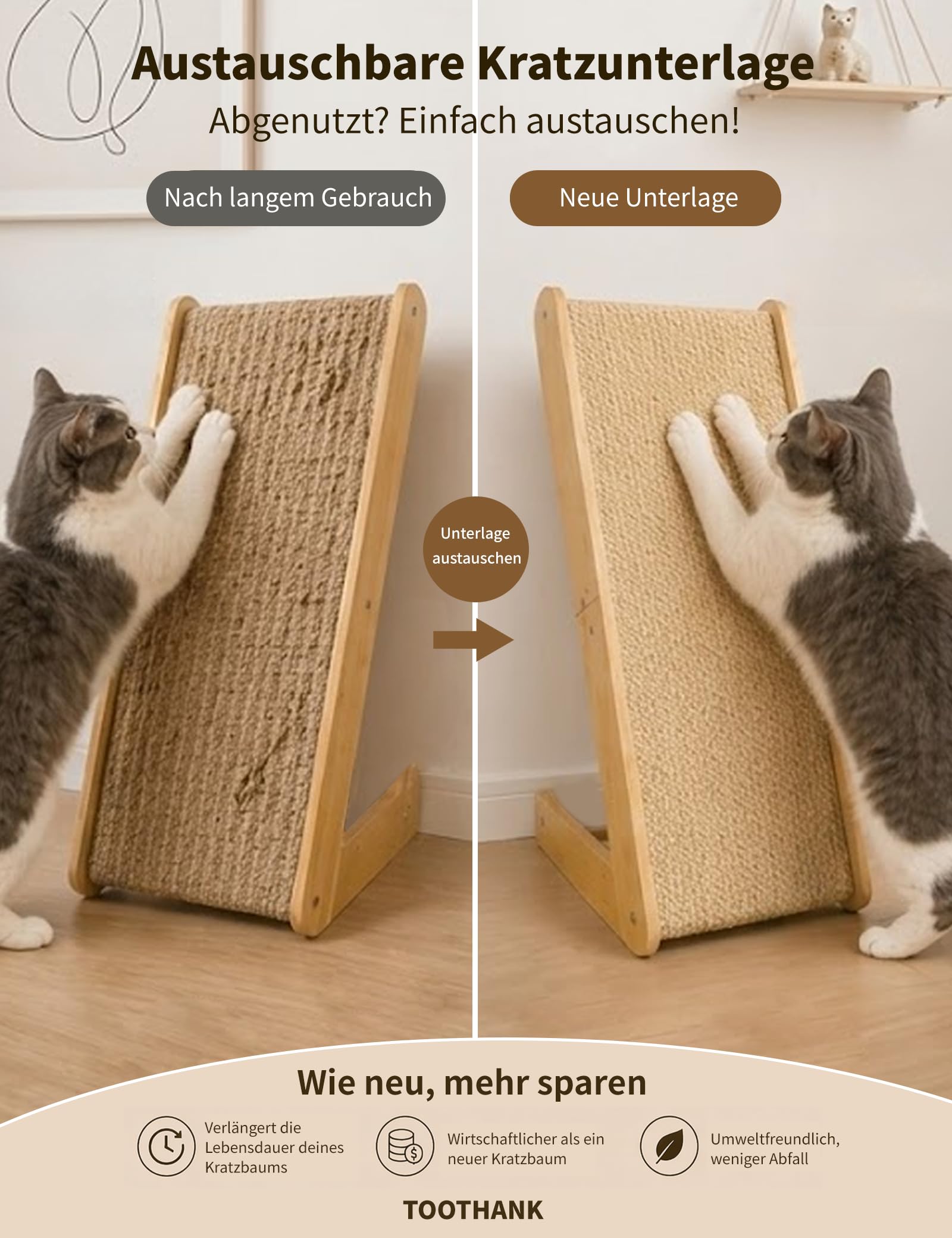 Kratzbrett Katzen, Large 69cm H, Sisal Kratzbrett Katze, Massives Holz & Natürliches Sisal Katzen kratzmatte, Katzen kratzmöbel für Wohnzimmer/Schlafenzimmer, Schützt Möbel vor Katzenkratzen