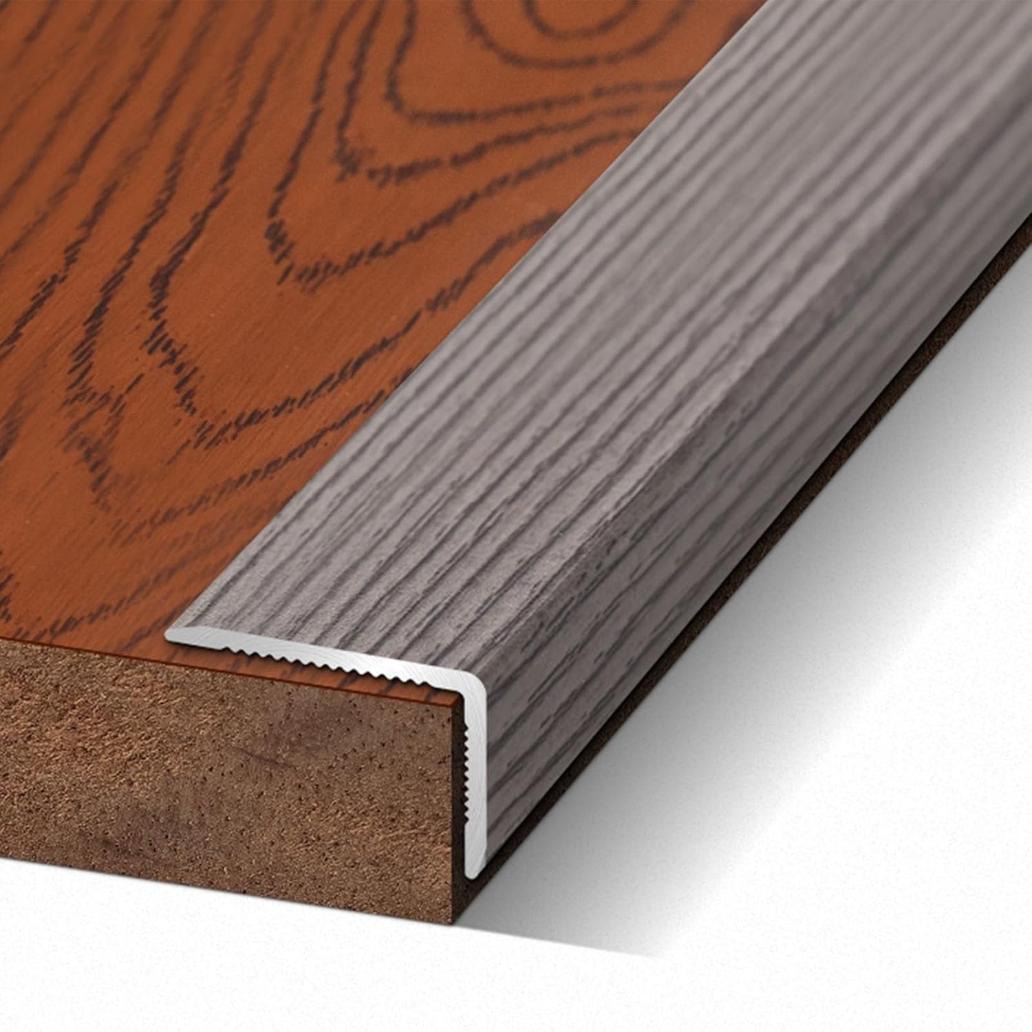 Wood Grain Right Angle L-Shaped Floor Transition Strip, Aluminum Trim Strip, Stair Nose Edging Corner Guards, Laminate Tile Edge Protectors, Peel Stick Stone Step Cover(Export Grey,L900xW35xH20mm)