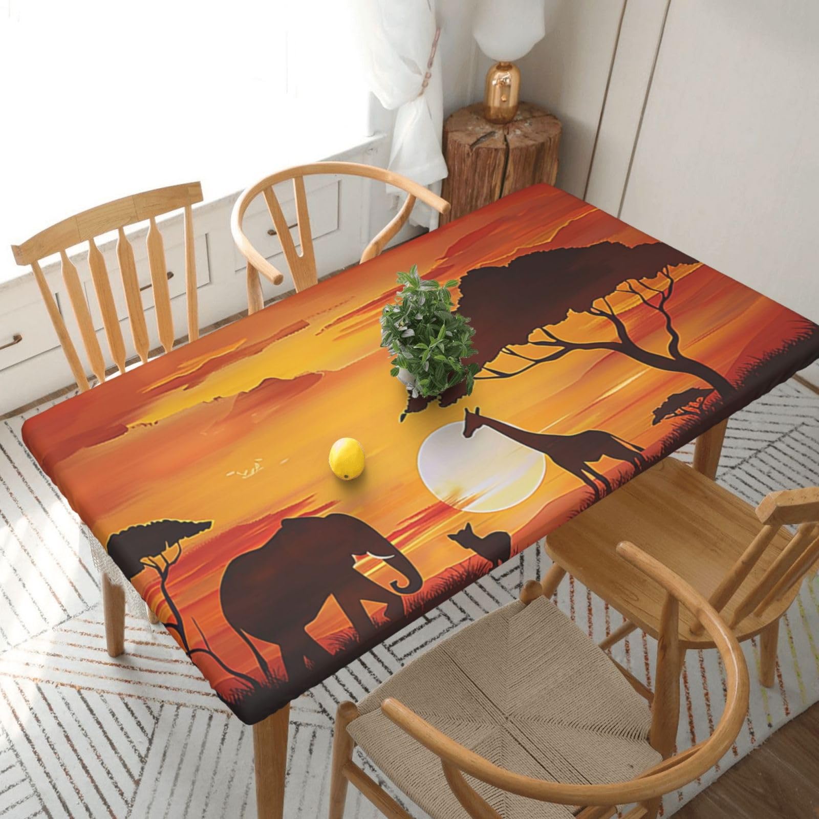 WPKJU Elephant and Giraffe in The Sunset Printed Tablecloths 5ft Rectangular Table Covers Washable Polyester Decorative Table Cloth for Dining Table Picnic Wedding
