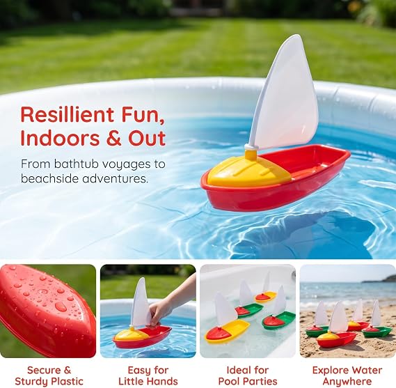 HEMOTON Boat Bath Toys 6 Pack, 3 Sizes Colourful Plastic Sailing Boats