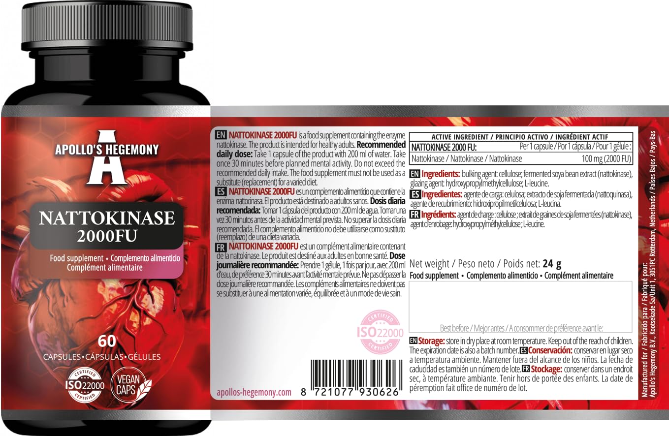 Nattokinase High Strength 100mg (2000 FU) - 60 vegane Kapseln - 2 Monatsvorrat - Enzyme aus fermentierten Sojabohnen - zur Unterstützung der Kreislaufgesundheit - von Apollo's Hegemony