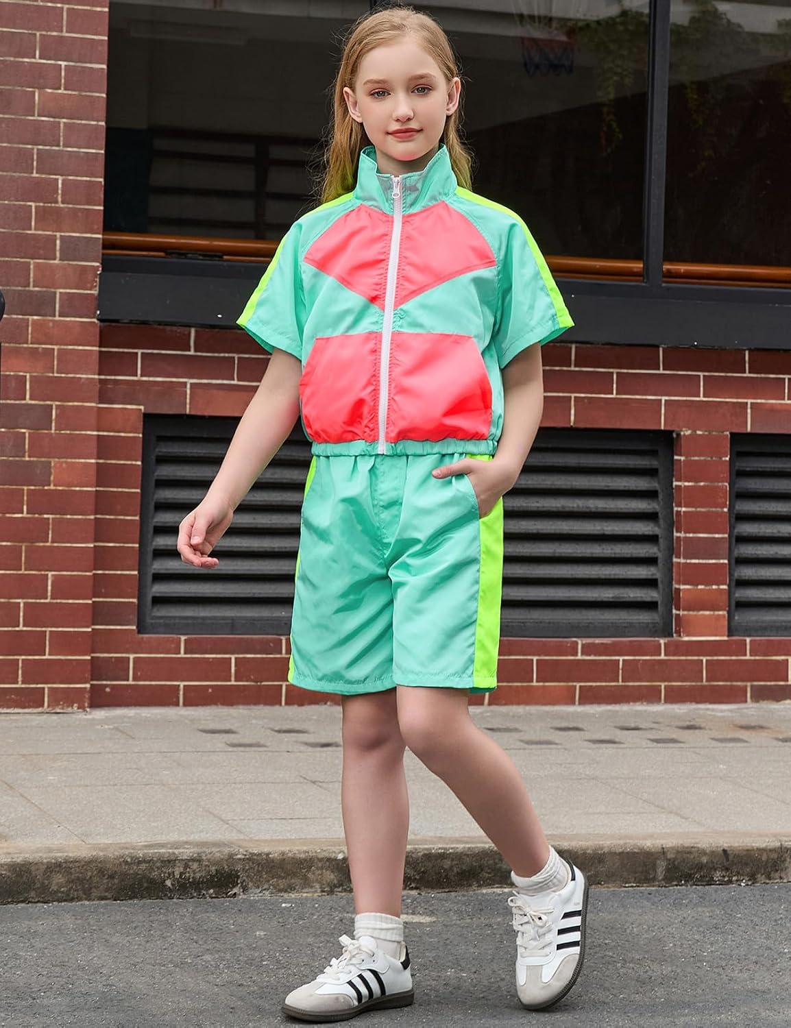 Perfashion Girls Summer 2 Piece Outfits 80s 90s Tracksuit Windbreaker & Short Sets Hip Hop Dance 4-13Y