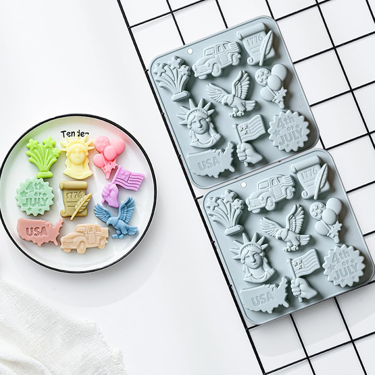 4th of July Silicone Candy Molds, 9-Cavity Patriotic USA Theme Molds with Eagle USA Flag Balloon Statue of Liberty for Chocolate, Candy, Jelly, Gummy, Cake Decoration