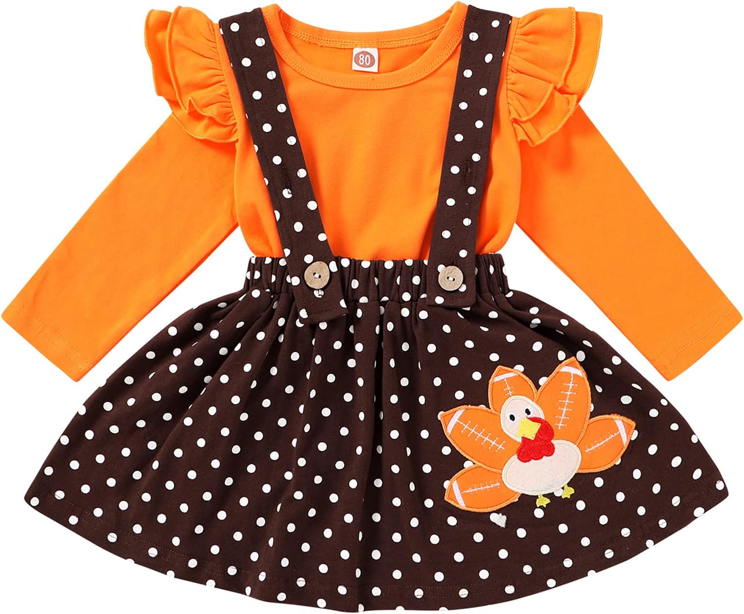 Thanksgiving Kids Toddler Baby Girl Outfits Flying Sleeve Shirt+Turkey Dot Suspender Skirt Fall Clothes Set