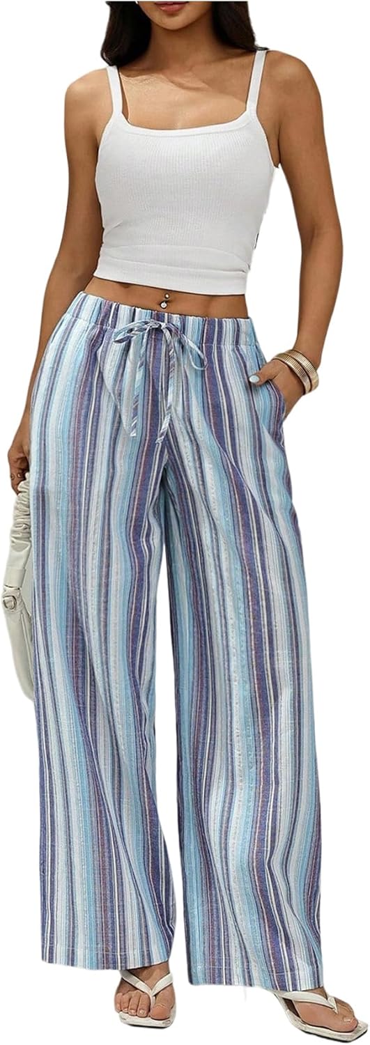 SweatyRocks Women's Striped Drawstring Pants Loose Wide Leg Trousers Casual Comfy Pants with Pocket - Image 7