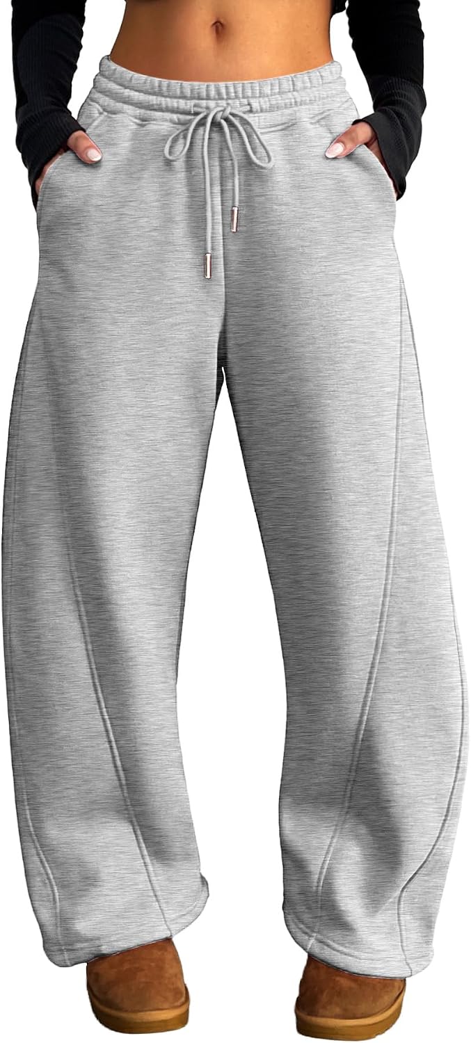 ELLEVEN Women's Fleece-Lined Barrel Leg Sweatpants Pants Casual with Adjustable Ankle Drawstring & Pockets