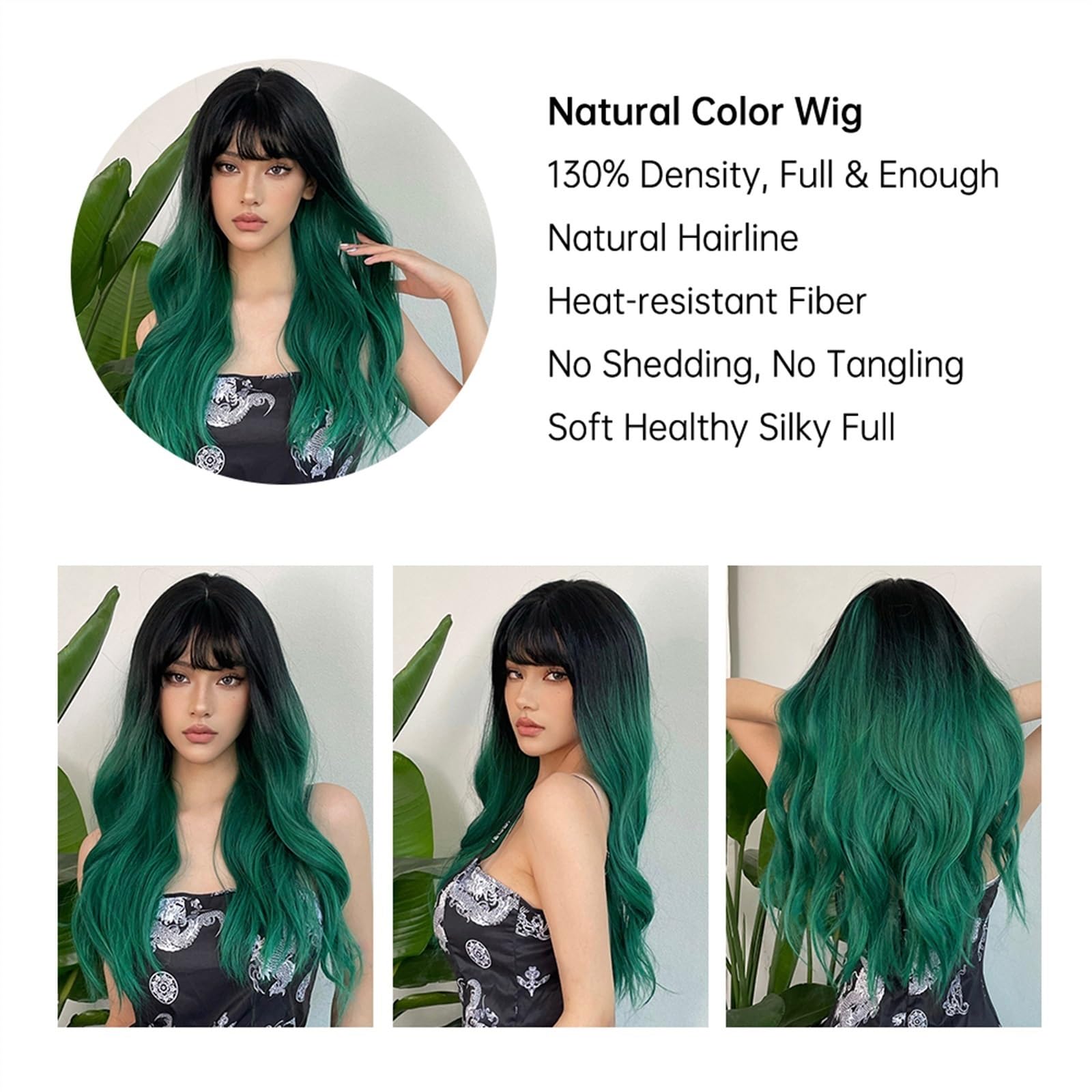 Parrucche Parrucche Sintetiche Alpine Lunghe e Ricci Ondulate Verde Foresta con Frangia Cosplay for Capelli di Halloween for Feste Afro da Donna Parrucche Donna