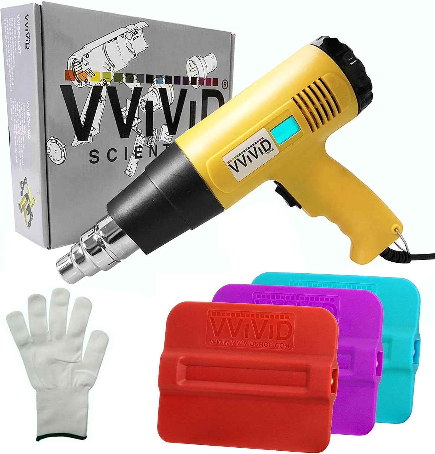 VViViD Yellow Heat Gun + Magnetic Squeegee 3pcs (Hard, Medium and Soft) and Applicator Glove Bundle - M0