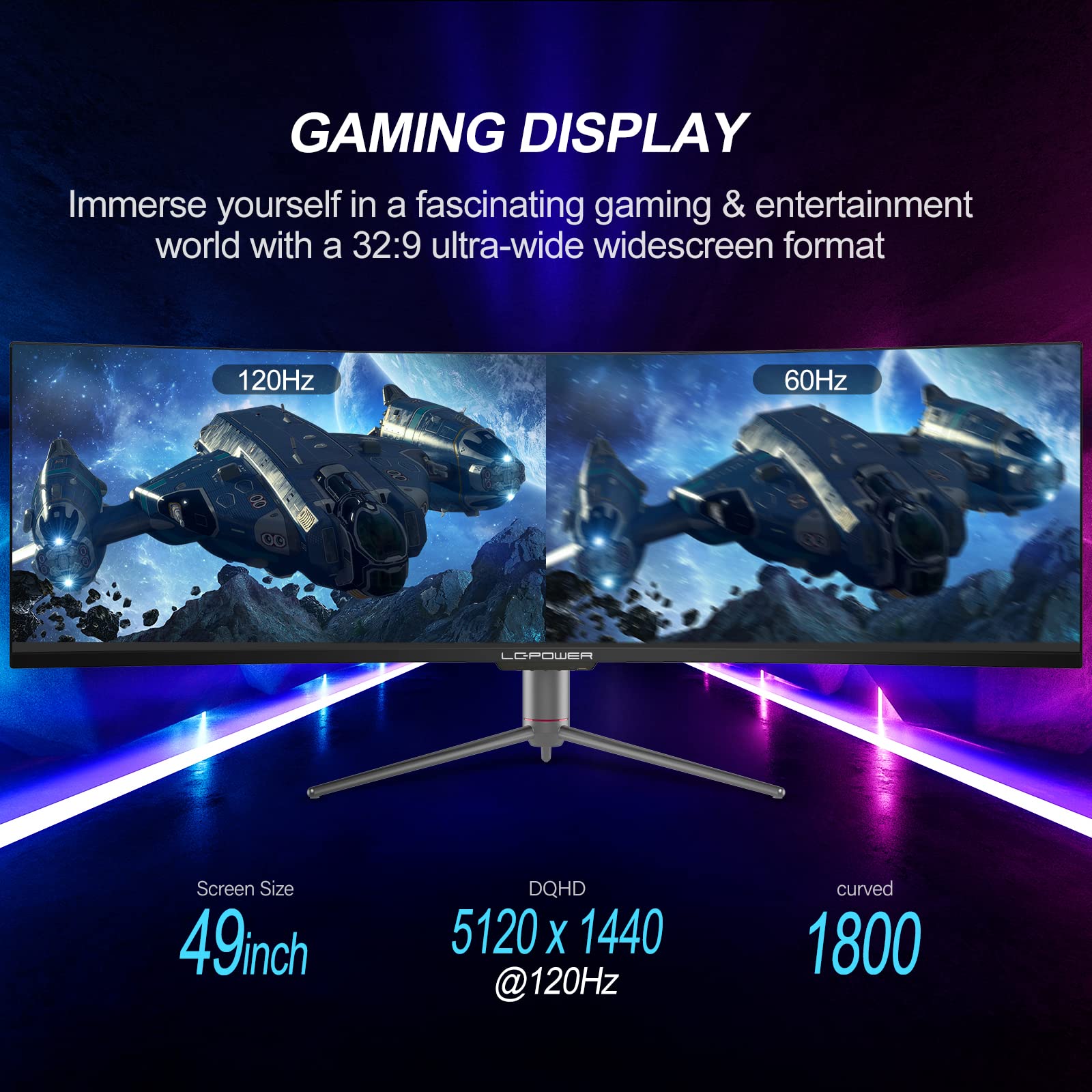 LC-Power Gaming Monitor 49", Curvo(1800R), Ultra Wide PC Monitor, 5120x1440, 32:9, VA, 120Hz, Adaptive Sync, HDMI 2.0, DP 1.4, Flicker Safe, GamePlus, PbP, Supporto Regolabile in Altezza, Nero