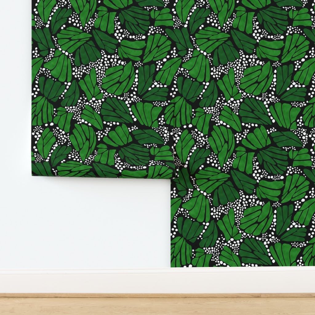 Commercial Grade Wallpaper 27ft x 2ft - Black Green Monarch Butterfly Nature Leaves White Traditional Wallpaper by Spoonflower