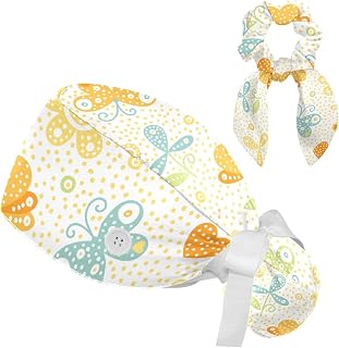 FVQL 2 Pieces Surgical Cap for Long Hair Scrub Cap with Hairband Nurse Cap, Floral Pattern Butterfly