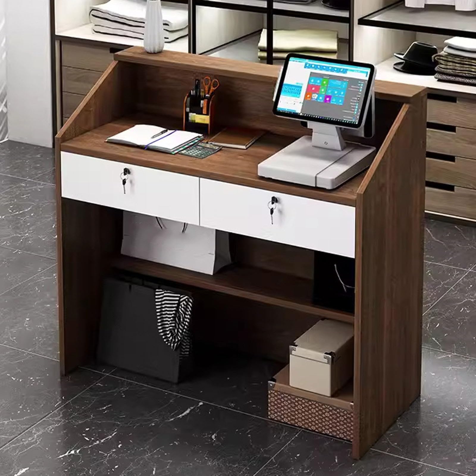 Scrivania da reception con serratura con contenitore, elegante tavolo per reception per ufficio e salone, postazione di lavoro moderna per reception professionale