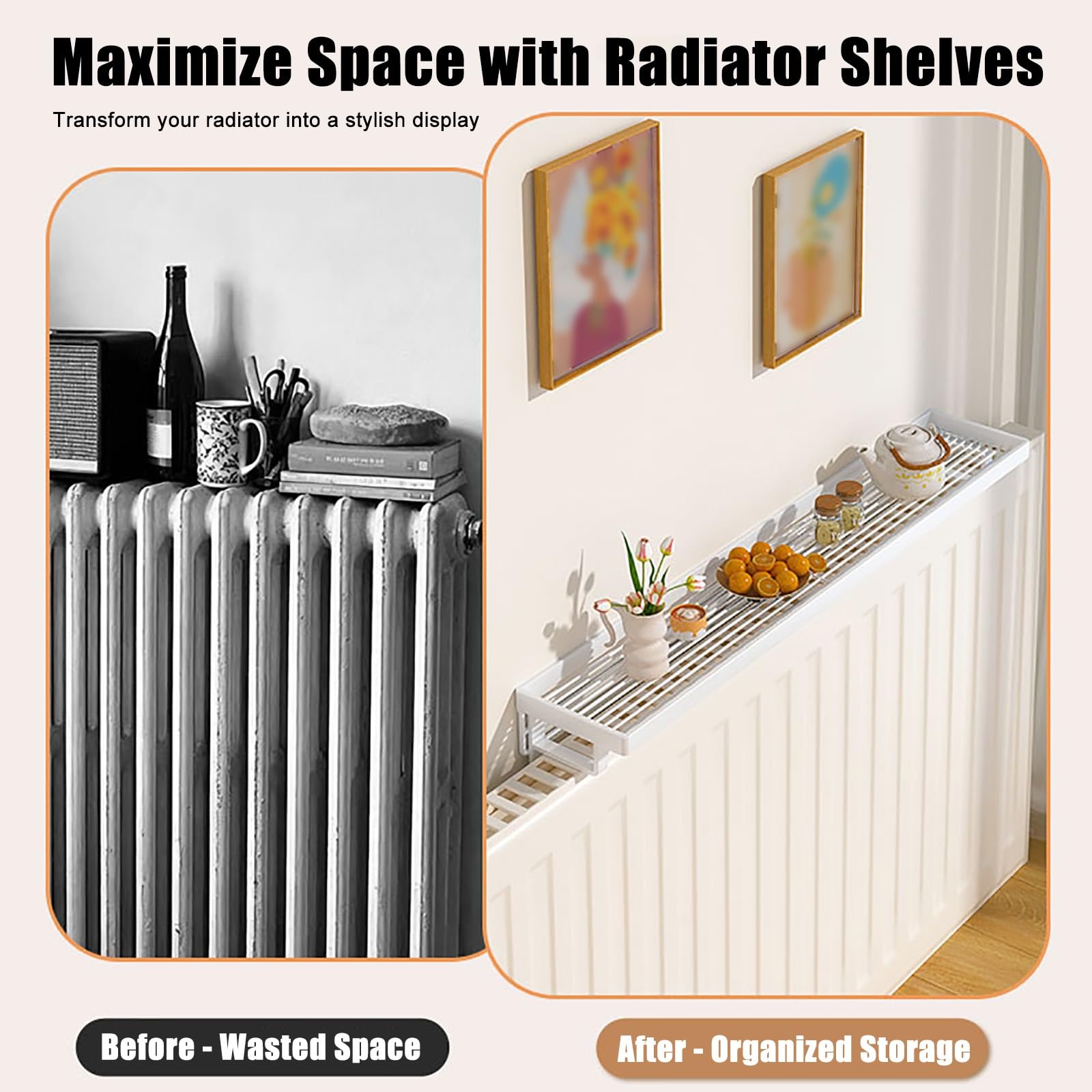 Mensola Termosifone Rimovibile, Mensola per Termosifone in Metallo, Elegante Copri Termosifone Antifumo, Resistente ai Carichi, Senza Fori, per Casa, Ufficio e Soggiorno(White,50 * 12cm/20 * 5in)