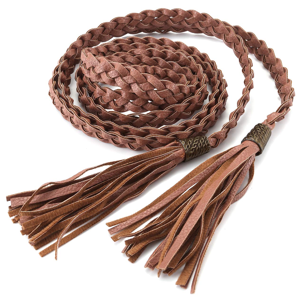 CHIC DIARYWomen's Tassel Braided Rope Belt PU Leather Waist Belt Thin Woven Boho Waistband For Dress Jeans