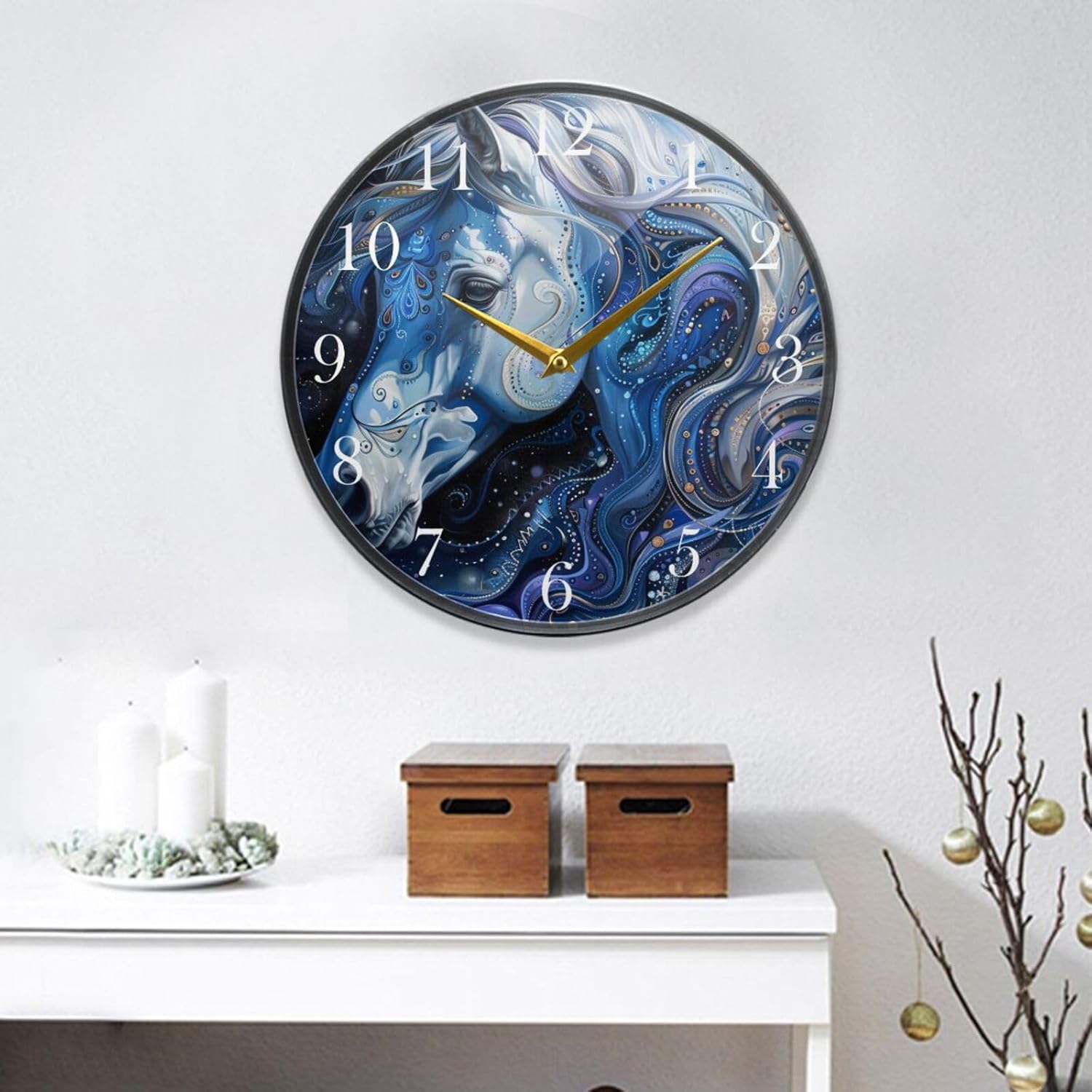 ALAZA Beautiful Blue Horse Wall Clock Non Ticking Silent Battery Operated Round Decorative Clock for Home Living Room Kitchen Office Dorm Decor