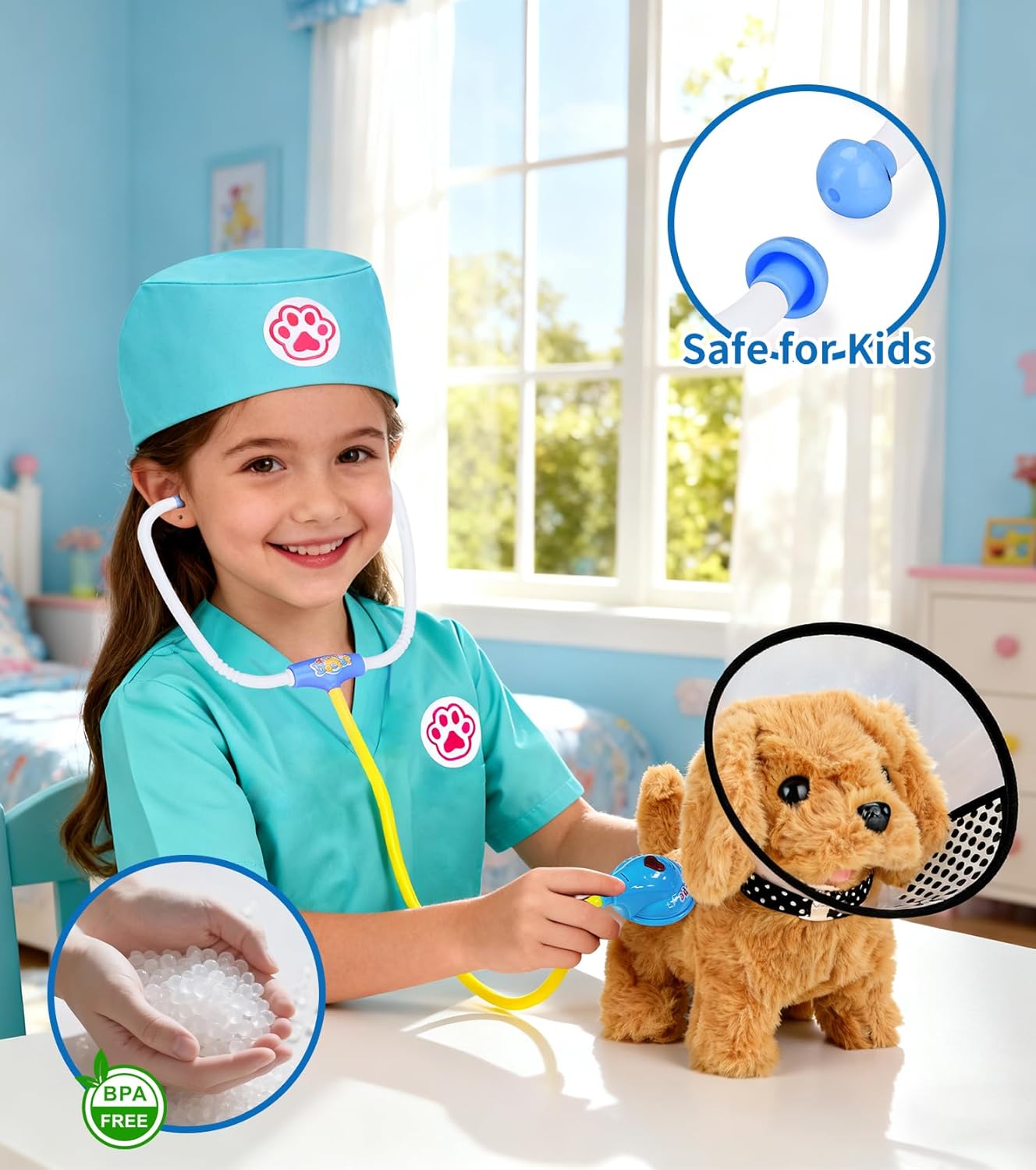 Toy Doctor Kit for Toddlers 3-5, Blue Pretend Play Boys Girls Toys with Electronic Interactive Dog, Stethoscope & Dress Up Costume, Educational Vet Role Playset Gift for Kids Ages 3 4 5 - Image 6