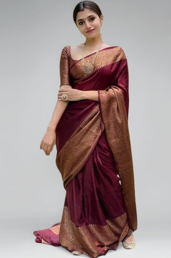 C J Enterprise Women's Soft Pure Kanjivaram Silk Saree For Wedding Banarasi Cotton Sari With Blouse Piece (Yatri-51)