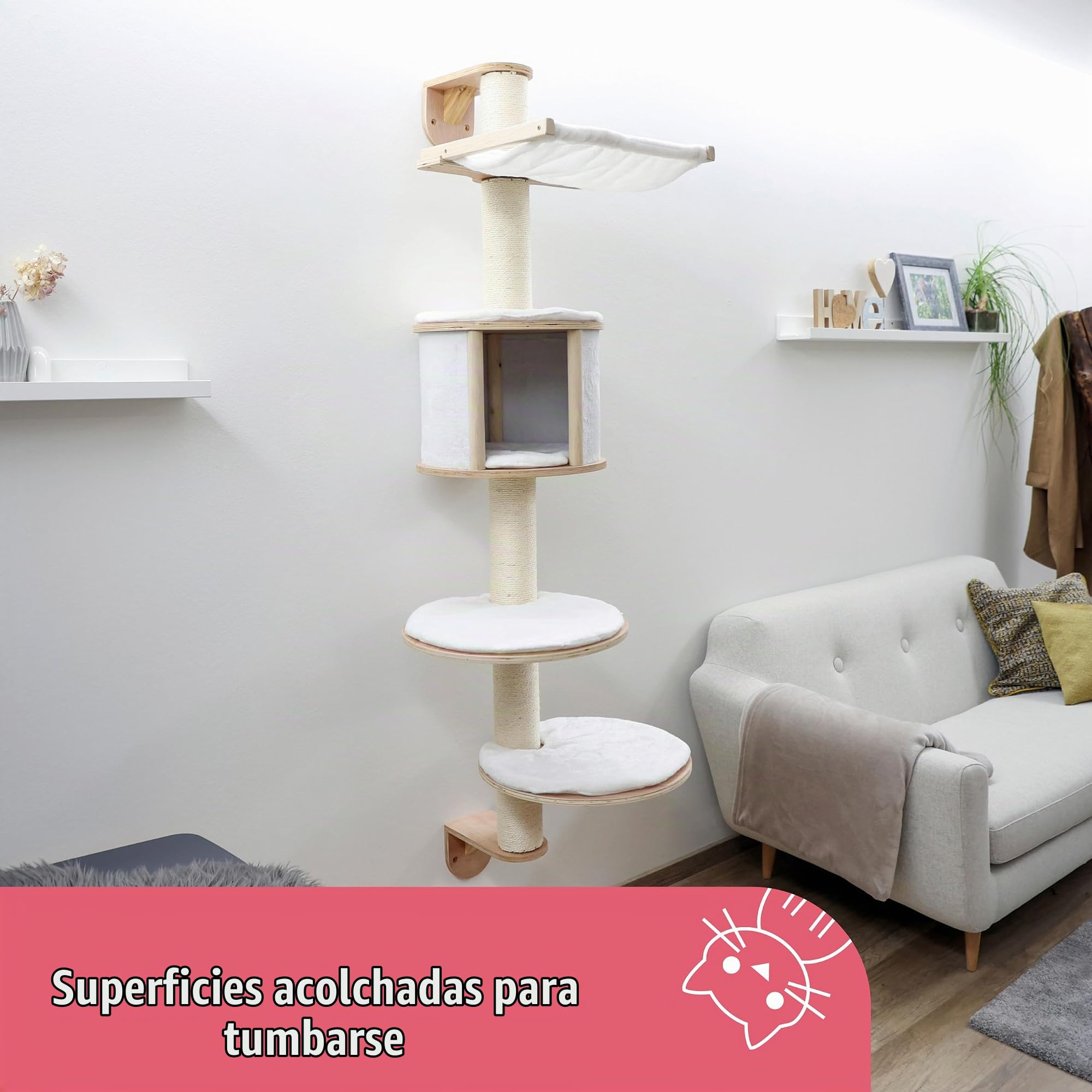 Kerbl Pet Rascador de pared Dolomit, árbol para gatos, blanco, 168cm, madera, felpa, sisal, para gatos, cojín extraíble y acolchado