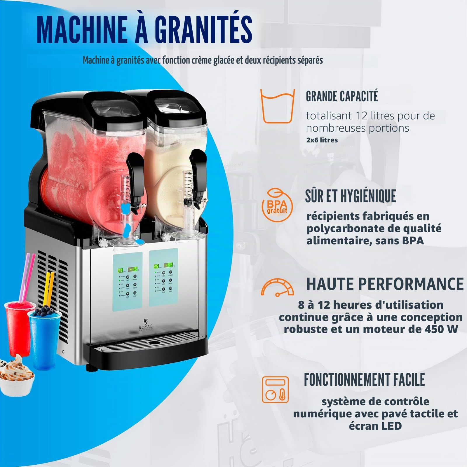 Royal Catering Machine à granitas granités boissons frappées RCSL 2/6lCE (deux cuves d'une contenance totale de 16 litres, jusqu'à 12 heures d'utilisation, sans BPA)