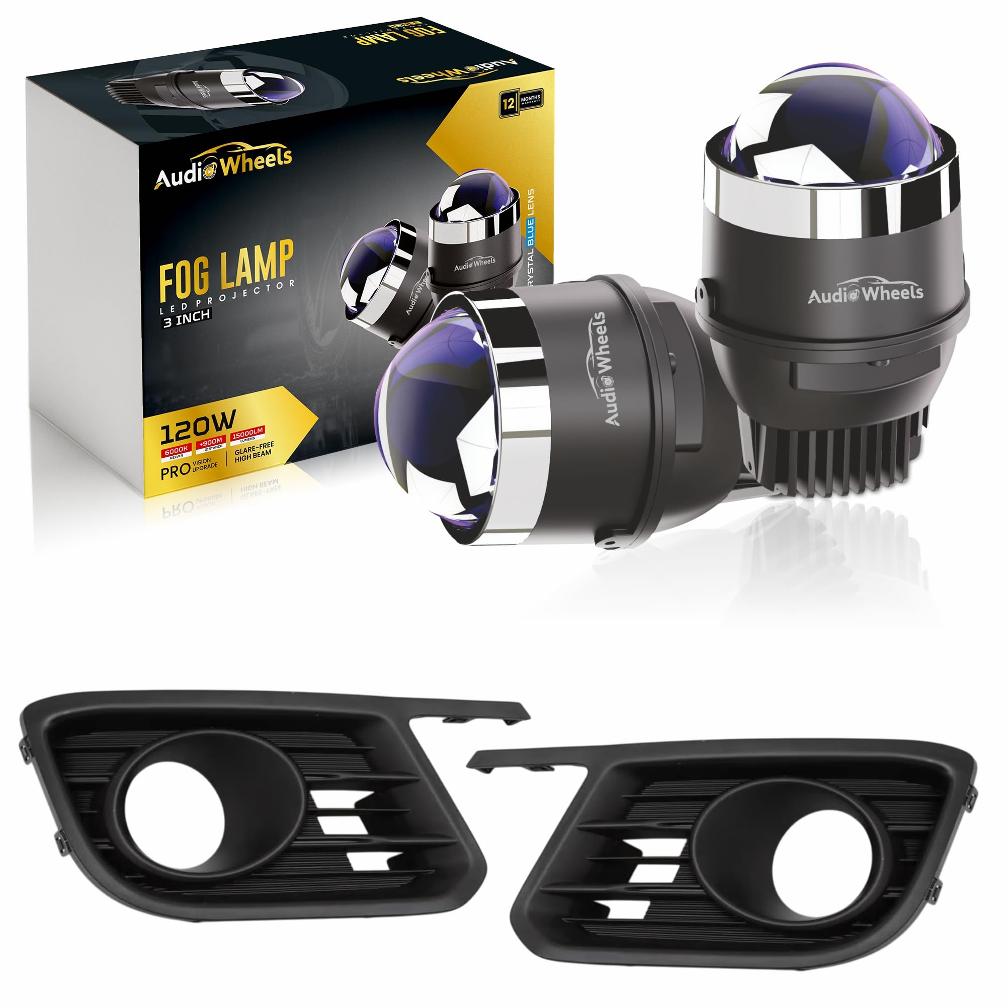 Audio Wheels 3" LED Projector Fog Lamp with Cover - 120W, Tri-Color (White/Warm/Yellow) | with Blue Tint Film | 12V/24V Fog Light for Car & Vehicle Modification | For Maruti Suzuki Ciaz 2015-image-39