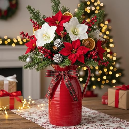 Vista 3 de hjn hjn Jarrón de granja de jarra para flores - Jarrón de jarra de cerámica rojo decorativo para tu cocina/Decoración del hogar/Oficina/Sala