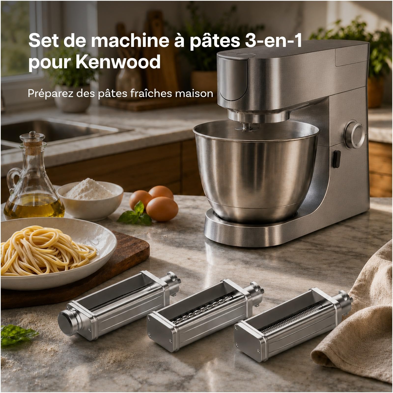Accessoire à Pâtes pour Kenwood 3 pcs – Pour Robots Pâtissiers, Rouleau à Pâtes, Coupe-Spaghetti & Coupe-Fettuccine – Accessoires en Acier Inoxydable Avec Adaptateur Inclus par MMOBIEL