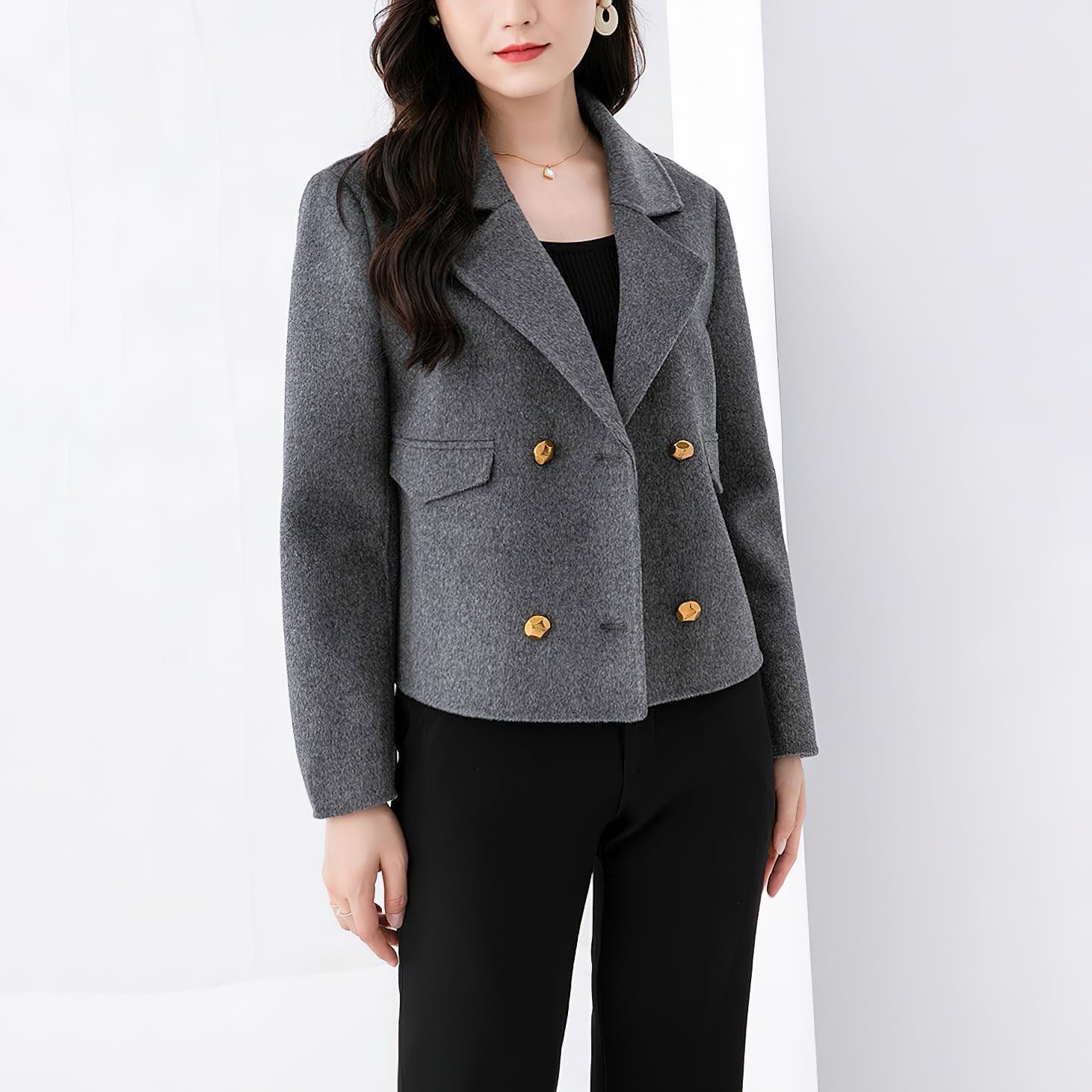 chouyatou Women's Business Casual Crop Wool Coat Double Breasted Dressy Short Blazer Jacket Pea Coat