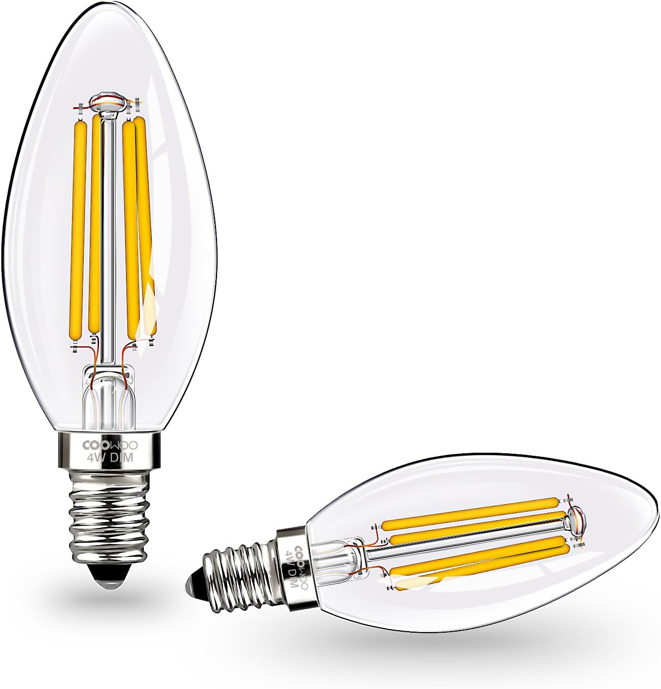 E14 LED Candle Light Bulbs,COOWOO 40W Equivalent Tungsten Halogen Replacement Warm White 2700K 4W Small Edison Screw Filament Candelabra Light Bulbs with 400 Lumens Dimmable 2 Packs [Energy Class A+++]